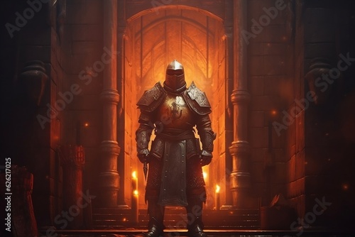 Knight adventurer in armor in the castle. Middle Ages. AI generated © Iryna