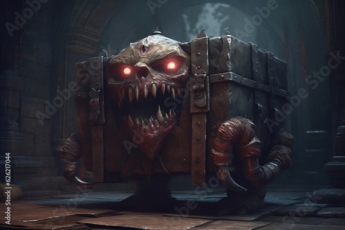 Mimic. Mystical, magical chest with teeth, mouth, eyes, muzzle. AI generated