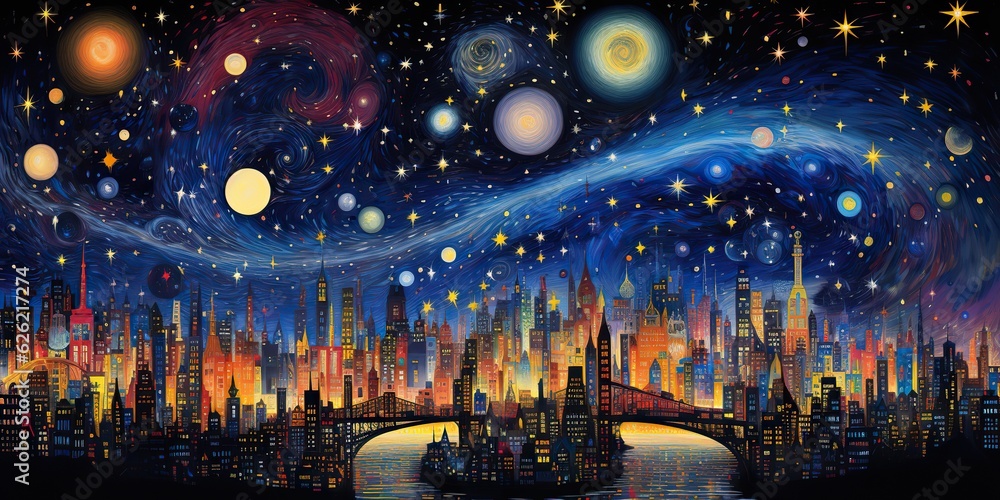Fototapeta premium AI Generated. AI Generative. Night moon abstract geometric nature outdoor landscape with city on background. Graphic Art