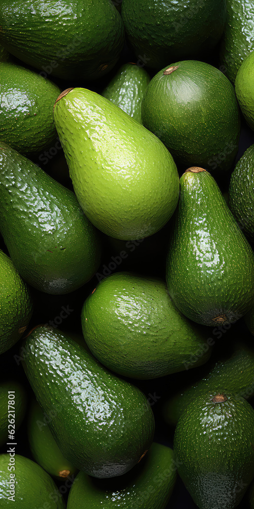 Fresh avocados background. Close up of fresh green avocados. created with generative AI technology Fresh avocados background. Close up of fresh green avocados. created with generative AI technology