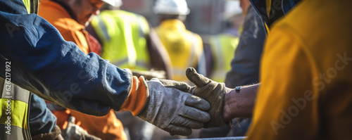 Blue collar workers shake hands with work gloves on - Generative Ai 