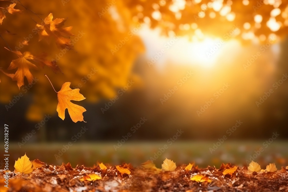 Beautiful autumn landscape with yellow trees and sun. Colorful foliage in the park. Falling leaves natural background. created generative ai. 