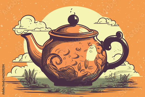 watercolor vector painting art illustration teapot and cup kettle  Chinese  art  background  design watercolor  coffee  isolated  vintage  kitchen  illustration leaf white retro tea silhouette