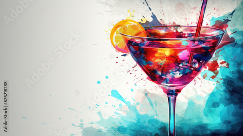 Cocktail with colorful splashes on white background.