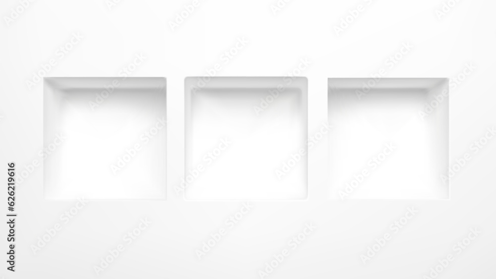 3d white empty triple cube niche box shelf for display showcase in museum. Square gallery hole frame platform in studio interior. Abstract fashion simplicity recess mockup for advertising template. - obrazy, fototapety, plakaty 