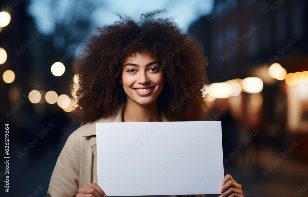 Smiling Woman Holding a Blank Sign - Messages and Communication Smiling Woman Holding a Blank Sign - Messages and Communication