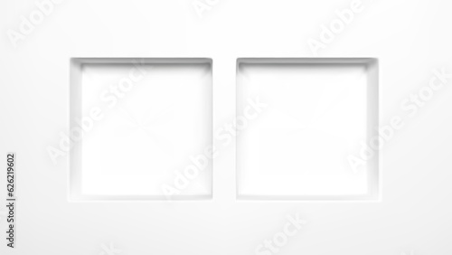 3d white double square shelf with niche box display. Museum showcase with rack vector background. Two bookshelf in cube hole frame for store showroom or exhibition advertisement mockup design