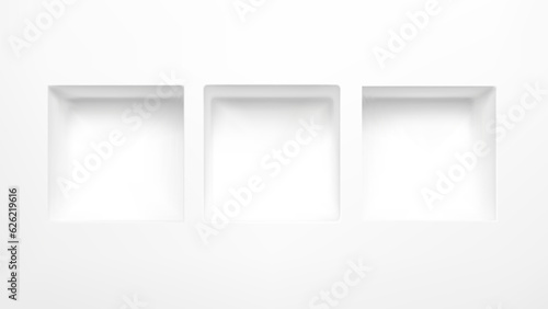 3d white empty triple cube niche box shelf for display showcase in museum. Square gallery hole frame platform in studio interior. Abstract fashion simplicity recess mockup for advertising template.