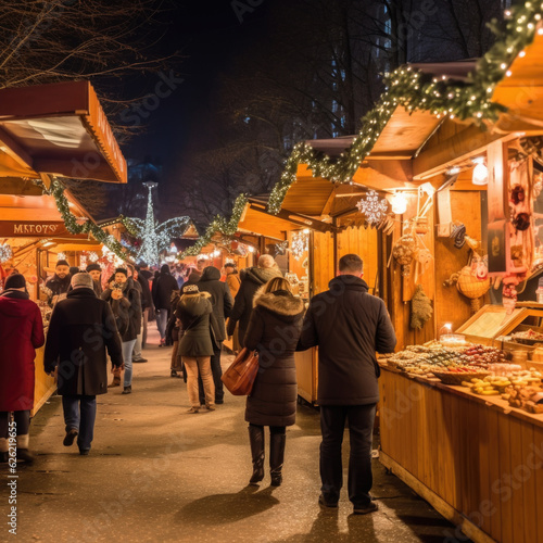 People are walking around small brightly illuminated urban Christmas fair. Square format. Generated AI. © SeNata