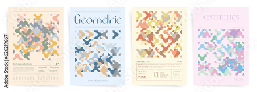 Geometric Maze Background Collection. A4 vertical Posters with Abstract Patterns and Colorful Random Particles. Perfect for Wall Art. Organic and Science aesthetic.