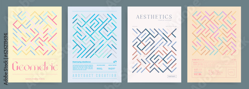 Set of brochure cover templates in geometric line art style. Nordic minimal modern elements. Geometric abstract background. Vector graphic design for presentation, event poster, book cover, placard.