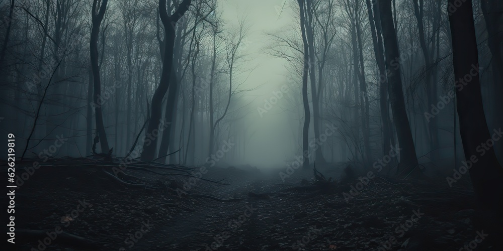 AI Generated. AI Generative. Mist magic fog night dark forest tree jungle landscape background. Scary nature outdoor adventure explore travel vibe style view landmark