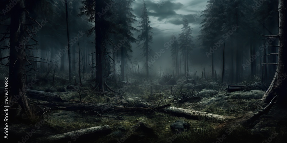Fototapeta premium AI Generated. AI Generative. Mist magic fog night dark forest tree jungle landscape background. Scary nature outdoor adventure explore travel vibe style. Graphic Art