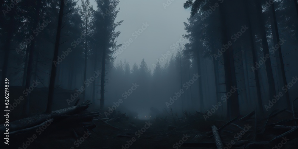 Naklejka premium AI Generated. AI Generative. Mist magic fog night dark forest tree jungle landscape background. Scary nature outdoor adventure explore travel vibe style. Graphic Art