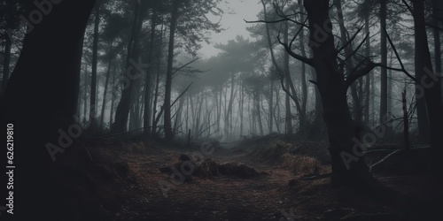 AI Generated. AI Generative. Mist magic fog night dark forest tree jungle landscape background. Scary nature outdoor adventure explore travel vibe style. Graphic Art © AkimD