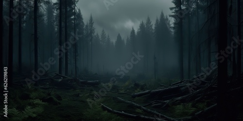 AI Generated. AI Generative. Mist magic fog night dark forest tree jungle landscape background. Scary nature outdoor adventure explore travel vibe style view landmark © Graphic Warrior