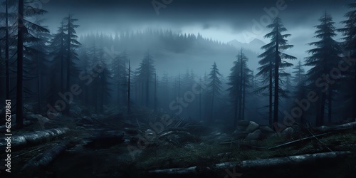 AI Generated. AI Generative. Mist magic fog night dark forest tree jungle landscape background. Scary nature outdoor adventure explore travel vibe style view landmark