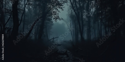 AI Generated. AI Generative. Mist magic fog night dark forest tree jungle landscape background. Scary nature outdoor adventure explore travel vibe style view landmark