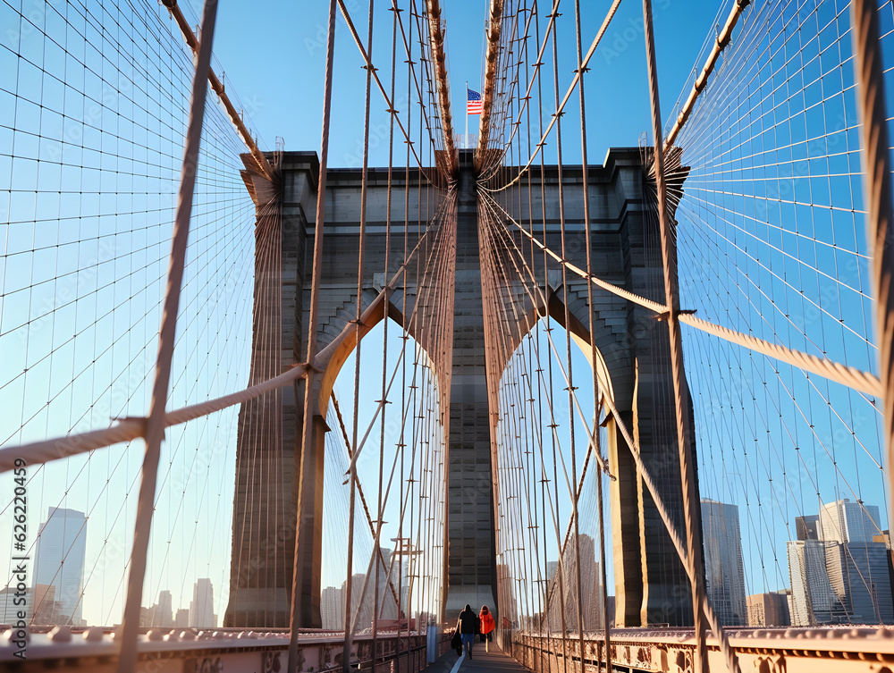 Fototapeta premium Close-up photo of the Brooklyn Bridge on a sunny day, with an eye-catching and impactful, modern, and artistic style