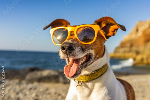 Funny dog in sunglasses outdoors in the summer. Cute staffordshire terrier posing and smiling, summer vacation and holidays concept Generative AI © Nataliia