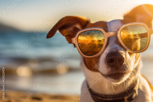 Funny dog in sunglasses outdoors in the summer. Cute staffordshire terrier posing and smiling, summer vacation and holidays concept Generative AI © Nataliia