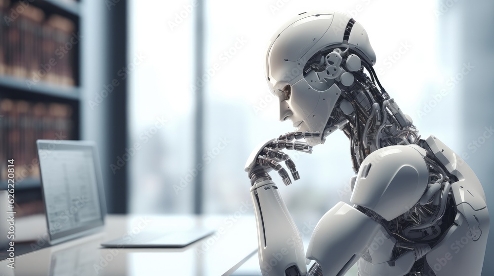 Android robot thinking in office Android robot thinking in office