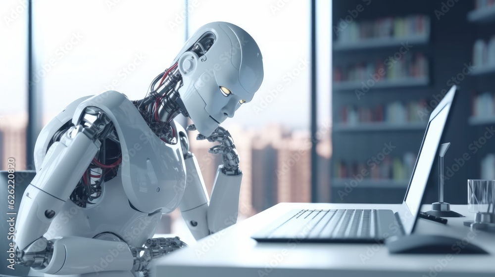 Android robot thinking in office Android robot thinking in office