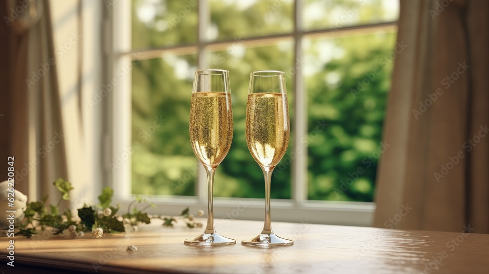A pair of champagne glasses on a table in front of a windows A pair of champagne glasses on a table in front of a windows