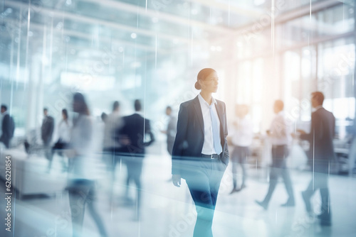 blurred business people in white glass office background