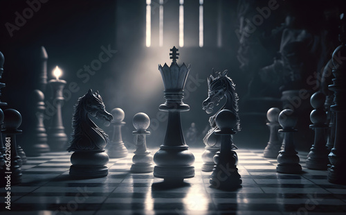 Canvas Print Set of chess pieces element stating on chessboard, queen rook