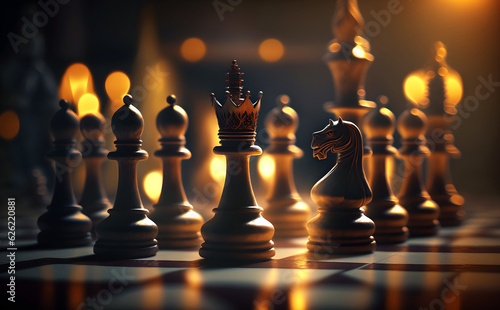 Foto Set of chess pieces element stating on chessboard, queen rook