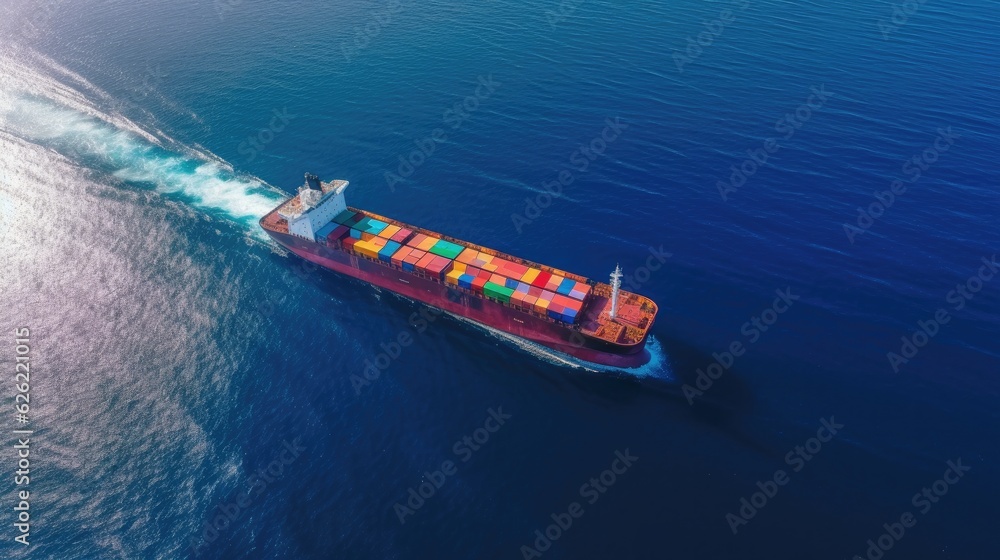 Aerial top view of a container cargo ship