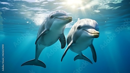 two dolphins swimming in the water photo