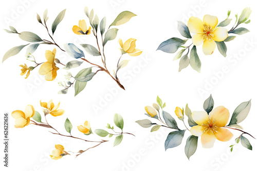 Watercolor of Tropical spring floral green leaves and flowers elements isolated on transparent png background, bouquets greeting or wedding card decoration, with Generative Ai. © TANATPON