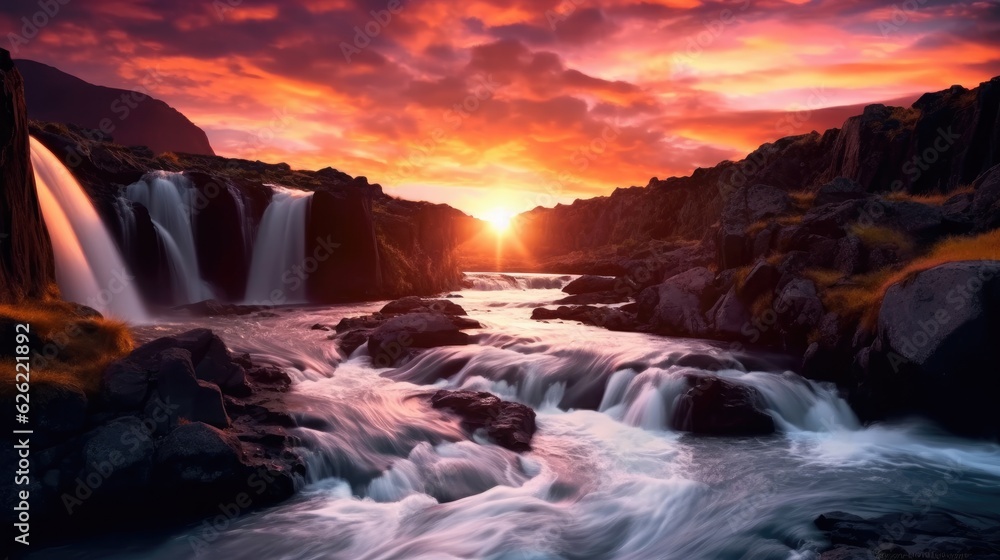 Amazing sunset and beautiful waterfall. Generative AI