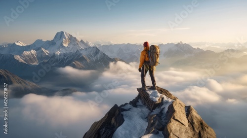 A man on top of a mountain looking at view.