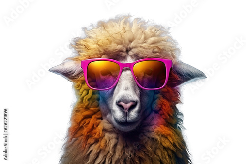 Abstract of fashion style sheep wearing sunglasses portrait isolated on clean png background  sheep fur multi colored colorful on skin body  and hairs paint  with Generative AI.