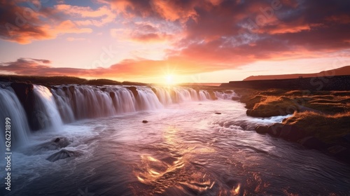 Amazing sunset and beautiful waterfall. Generative AI