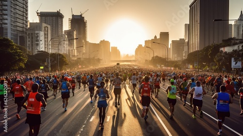 Crowd of people running a city marathon. Back view.. Generative AI photo