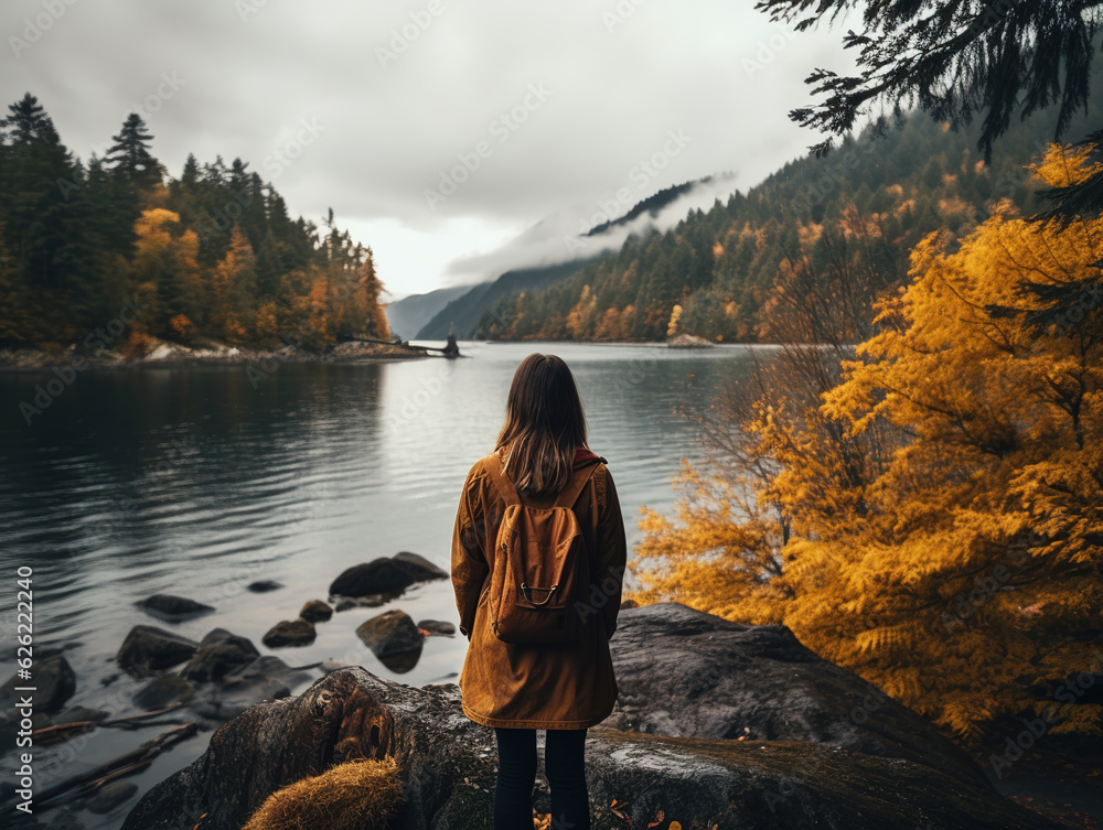 Φωτογραφία Woman enjoying beauty of nature looking at mountain lake forest