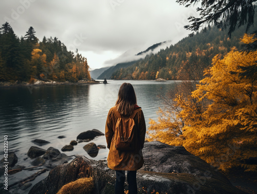 Woman enjoying beauty of nature looking at mountain lake forest. Autumn adventure travel background . Generative ai