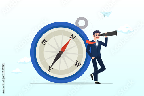 Smart businessman standing with big compass look through spyglass or telescope, male leadership, man vision to lead direction, gender equality to embrace man in business management concept (Vector)