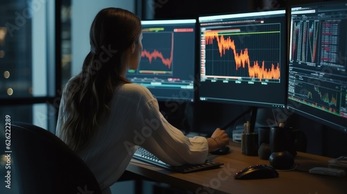 Woman analyzing stock market investment and sales exchange with statistics charts and graphs 