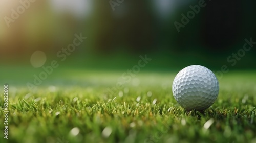 Close up Golf ball on the golf course with copy space. Generative AI