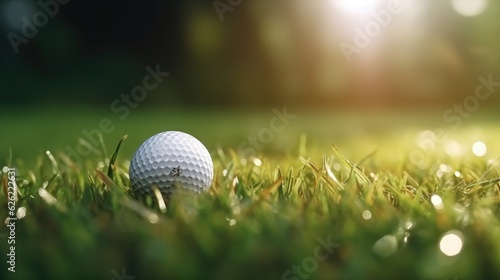 Close up Golf ball on the golf course with copy space. Generative AI