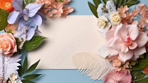 Creative layout made of flowers and leaves with paper card