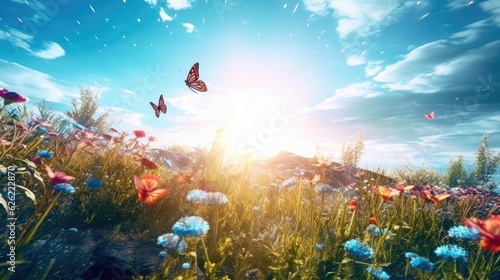 Dreamland fantasy landscape with a meadow covered by spring flowers. Generative AI