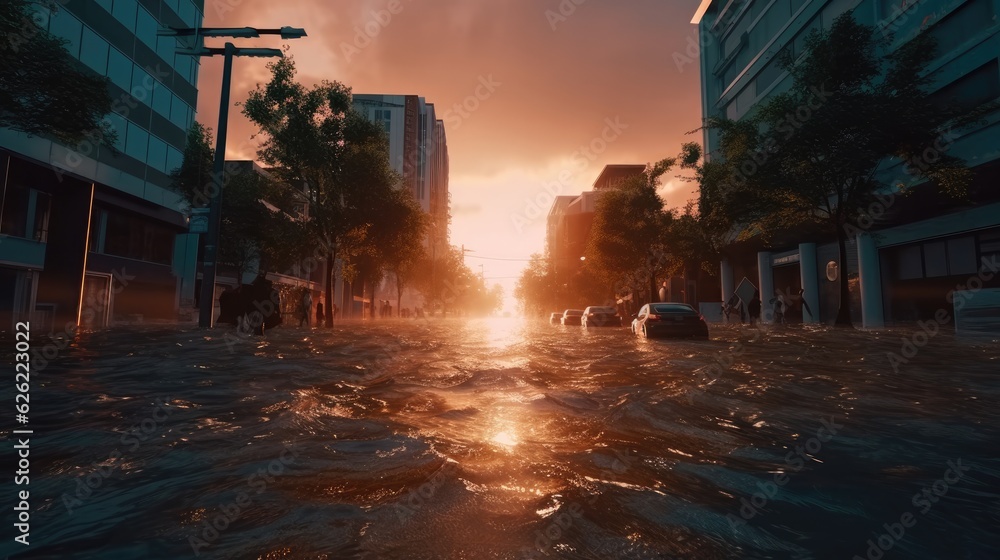 Flooded cars on the street of the city. Generative AI	
