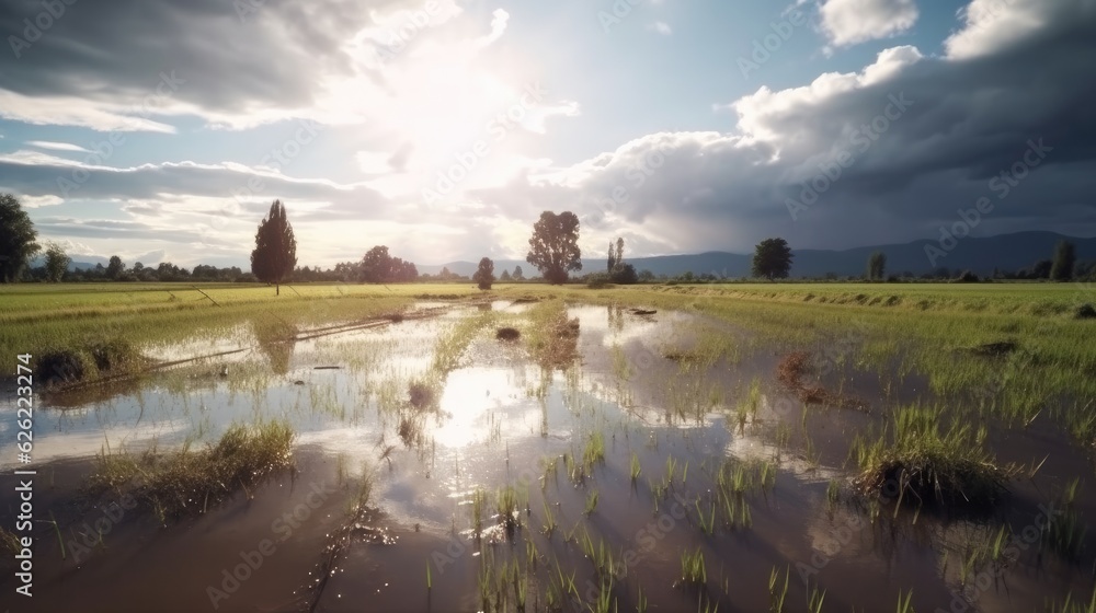 Floods in agricultural fields. Generative AI	