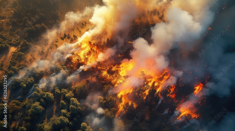 Aerial view Forest fire. Generative AI